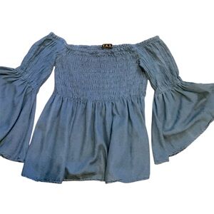 Blue Off-Shoulder Puff Sleeve Blouse